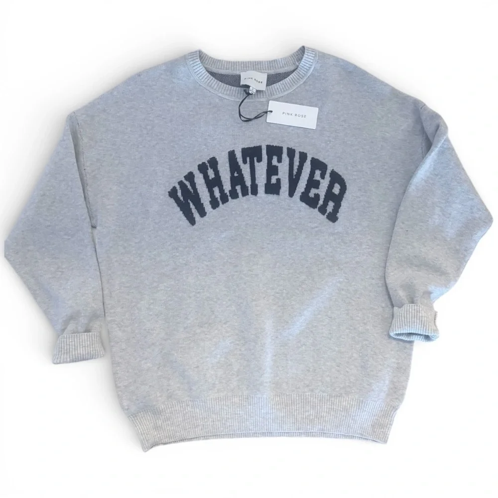 NWT Pink Rose Whatever Sweater, Women’s Large, Grey, Preppy Streetwear Statement